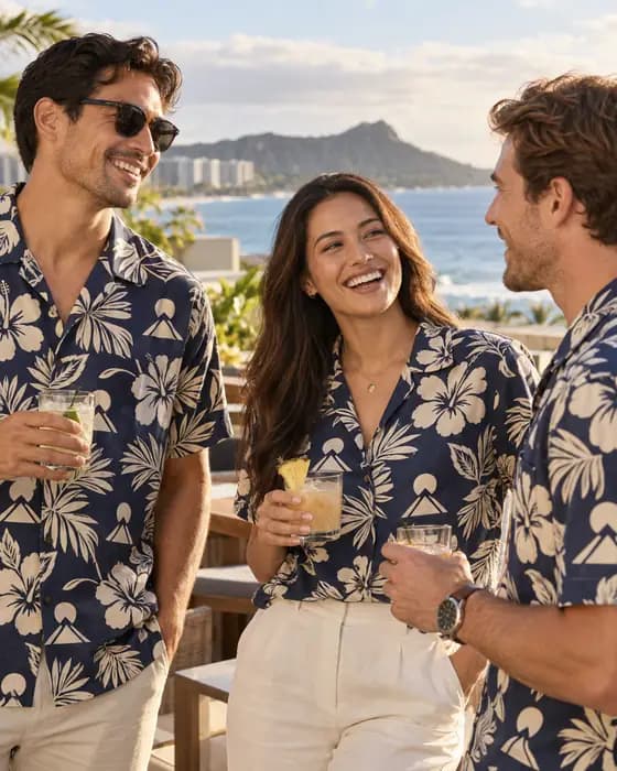 Illustration of three coworkers in matching navy Hawaiian shirts with a simple emblem repeated in the floral print