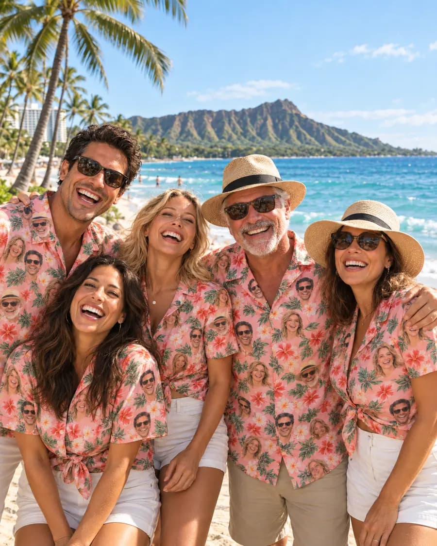 Illustration of adults of several ages on a beach in matching pink Hawaiian shirts printed with small faces