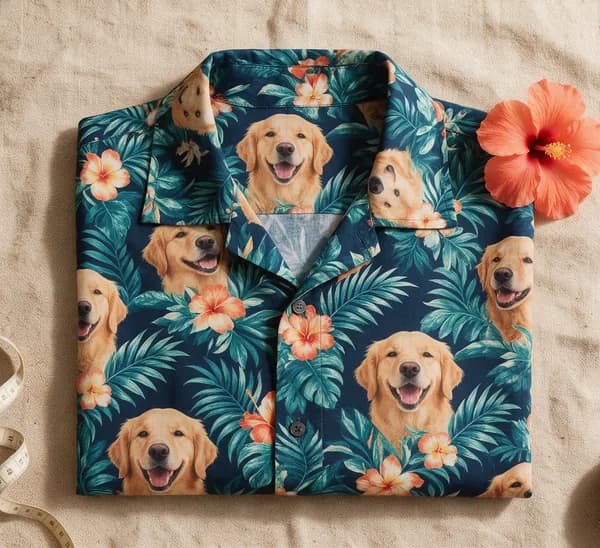 Folded tropical print shirt beside a measuring tape