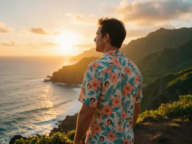 Adult in a face-print tropical shirt looking at a sunset over the ocean