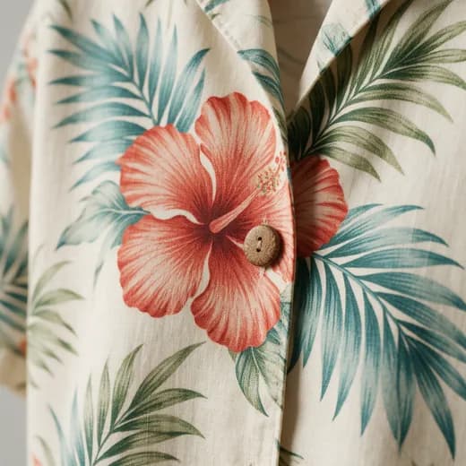 Close view of a hibiscus print beside a coconut button