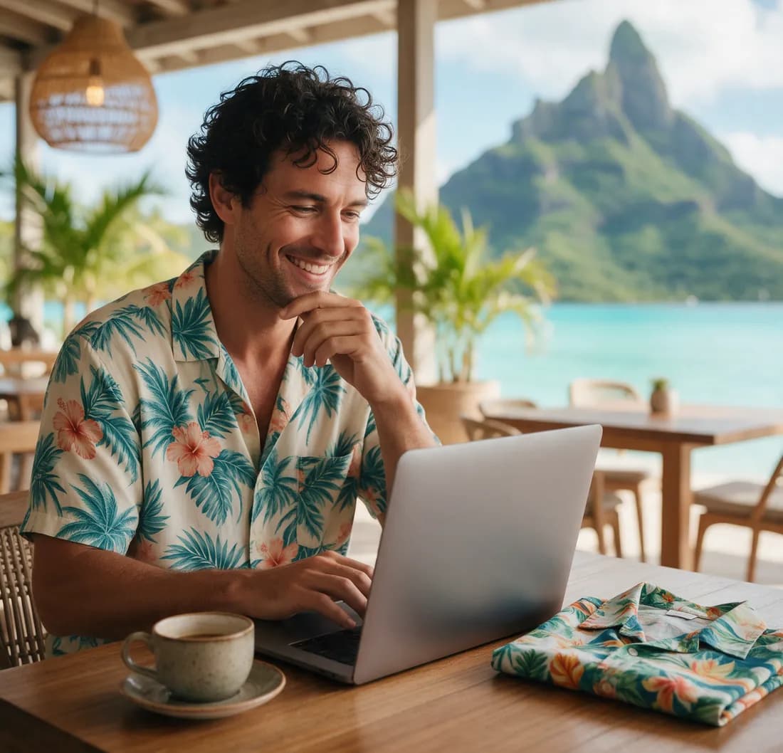Adult in a tropical shirt typing on a laptop at a seaside cafe table beside a folded shirt