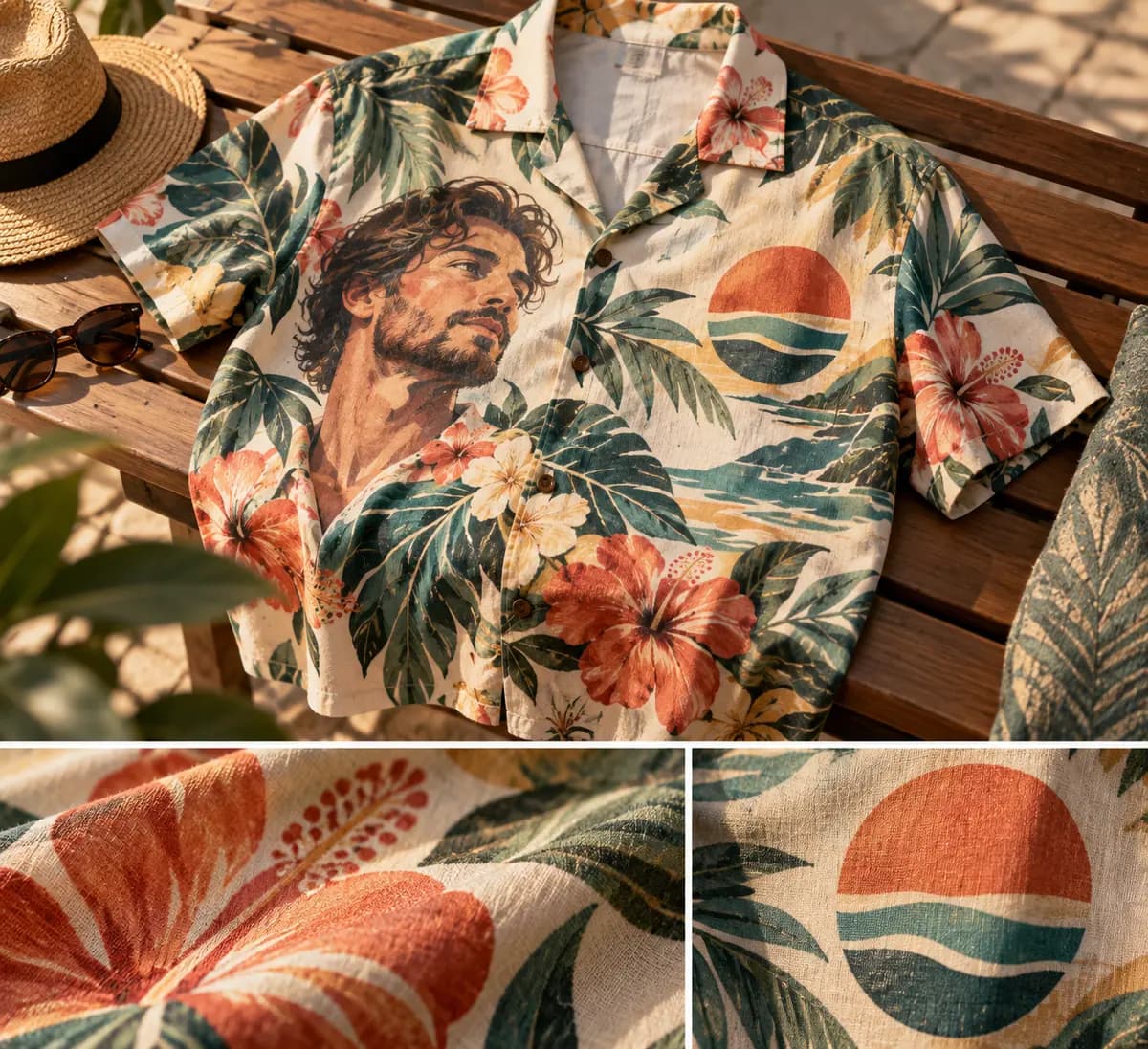 Illustrated Hawaiian shirt with a wordless geometric emblem in its tropical print