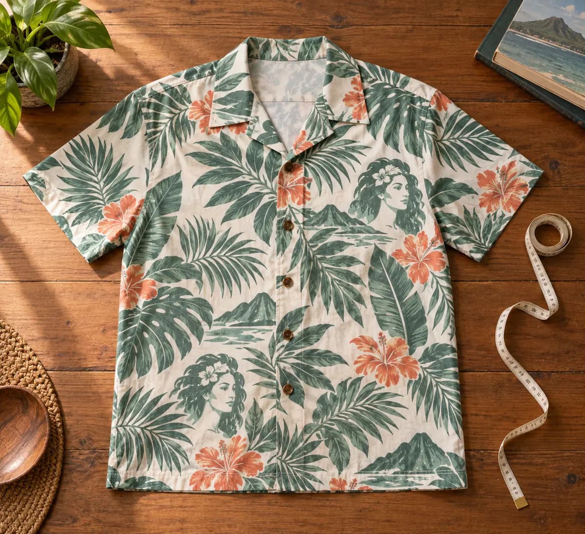 Illustrated Hawaiian shirt laid flat on a table beside a measuring tape