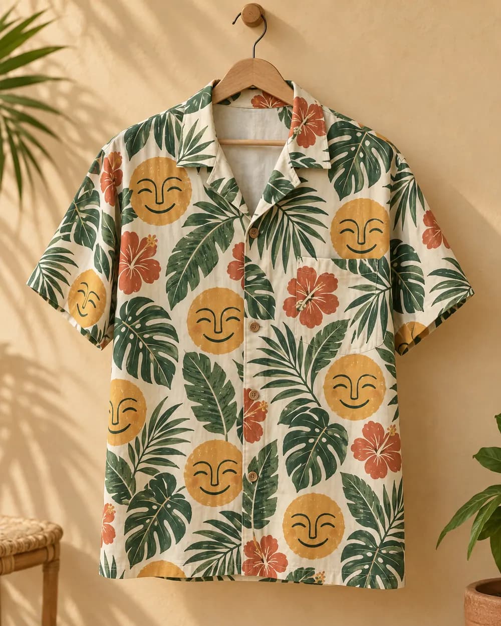 Illustrated camp-collar tropical shirt featuring face motifs among leaves and hibiscus