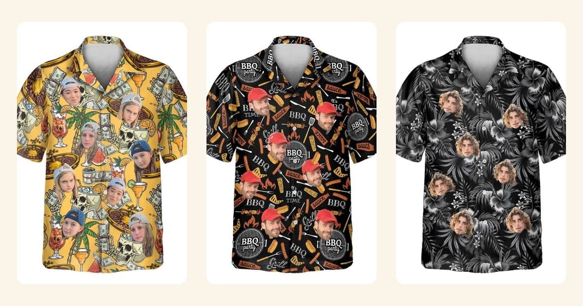 Three Hawaiian shirt designs side by side: Casino Jackpot, Grill Master and Midnight Hibiscus Paradise
