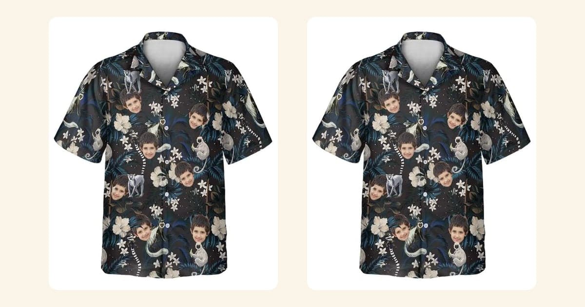 Two matching Tropical Night Bloom Hawaiian shirts side by side on a sand background