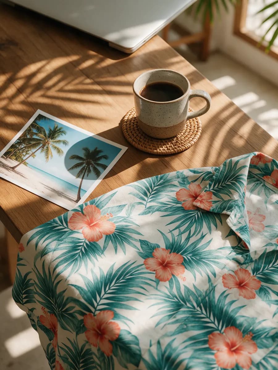 Table with a laptop, coffee, a printed beach photo and tropical shirt fabric