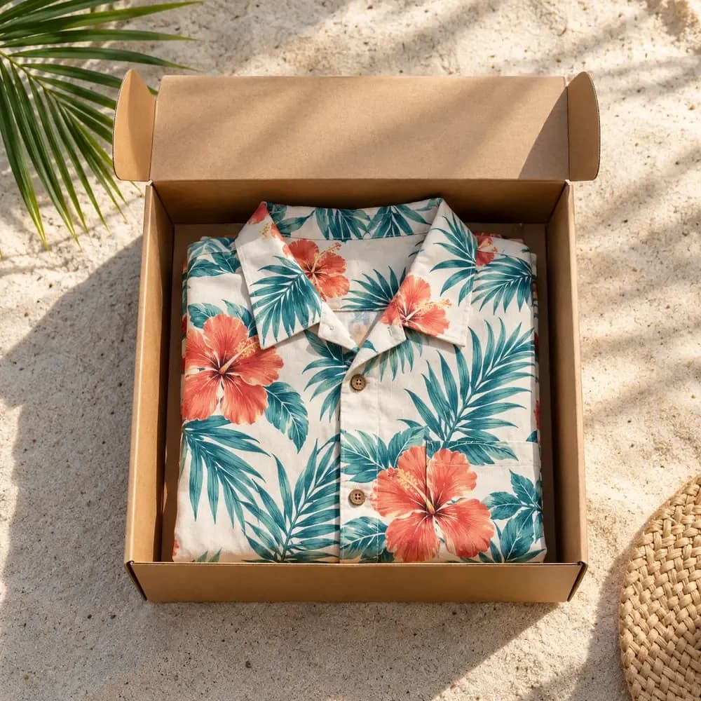 Illustrative folded Hawaiian shirt in a plain box
