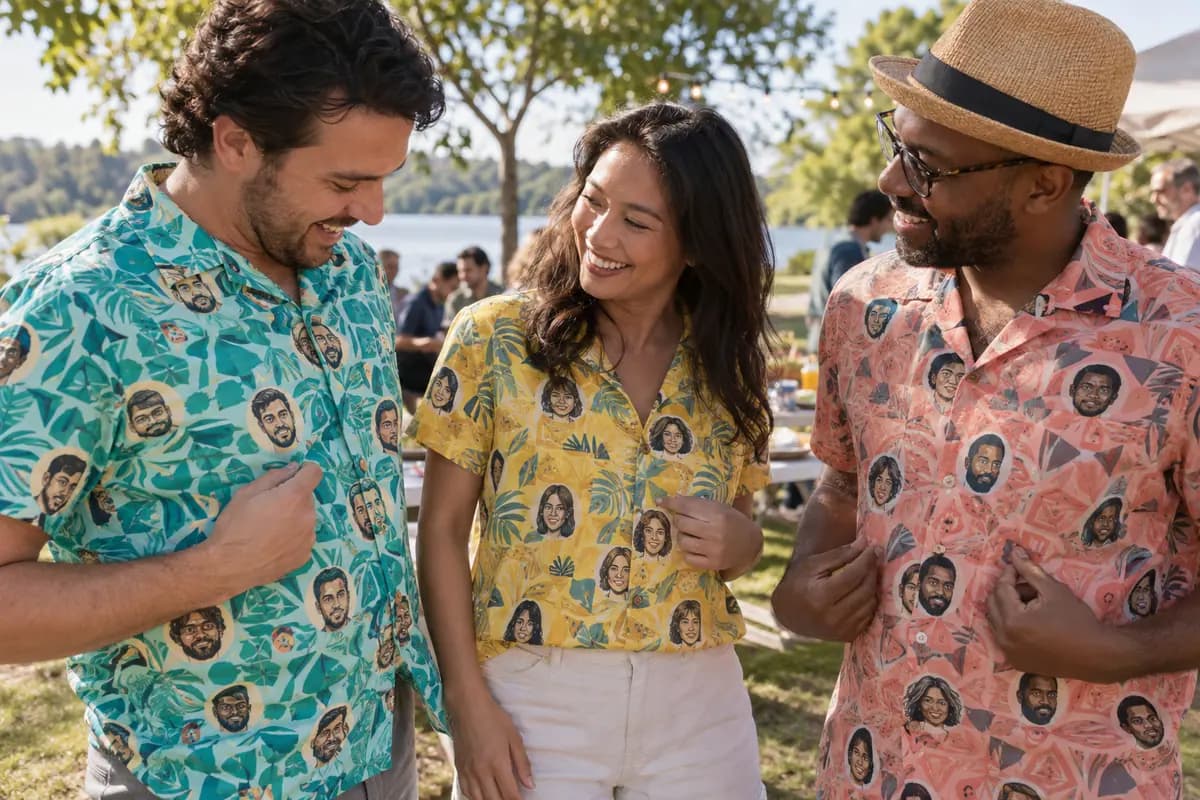 Adults comparing printed tropical shirts at an outdoor event
