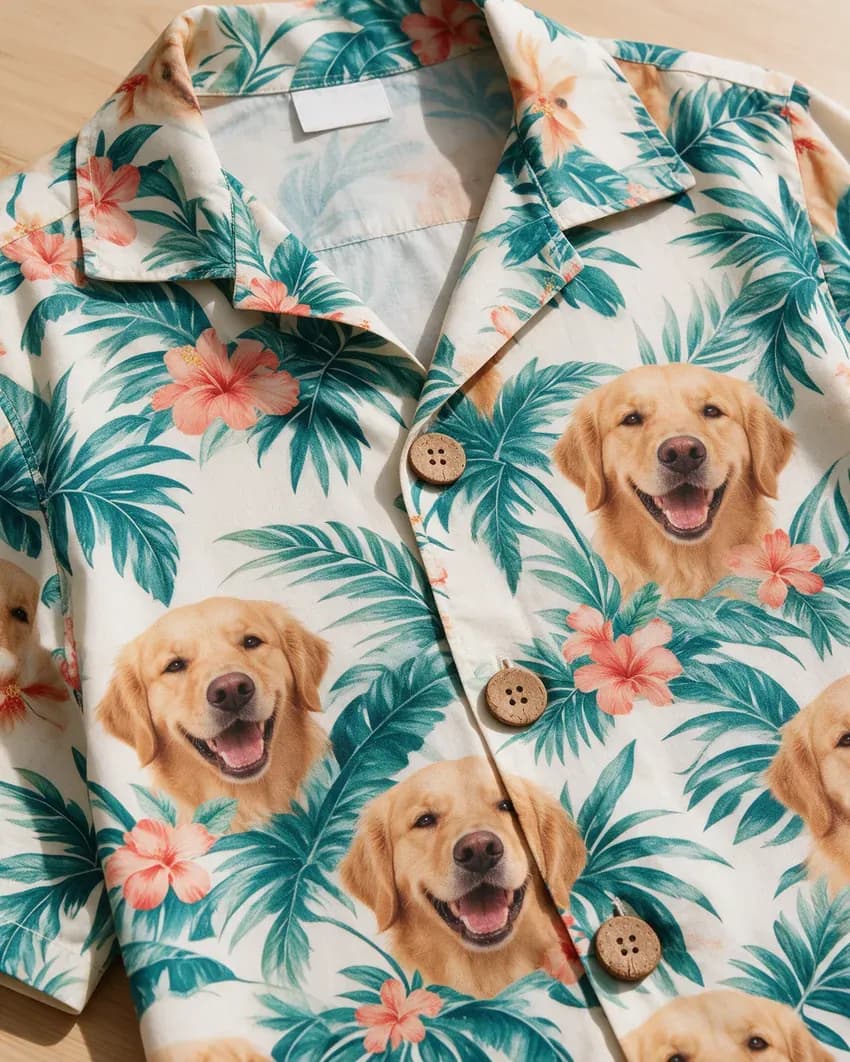 Tropical print shirt with a fictional golden retriever portrait
