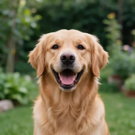 Golden retriever looking straight at the camera in soft daylight