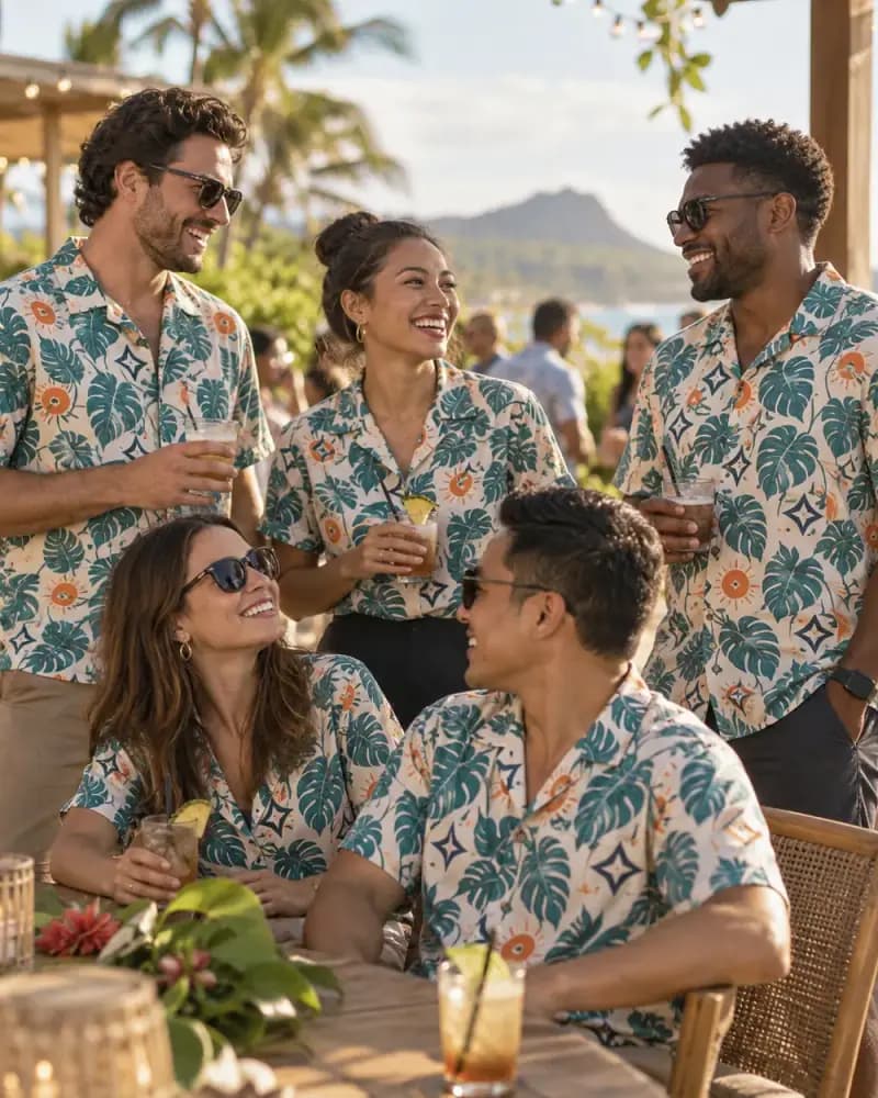 Adults discussing a tropical shirt print