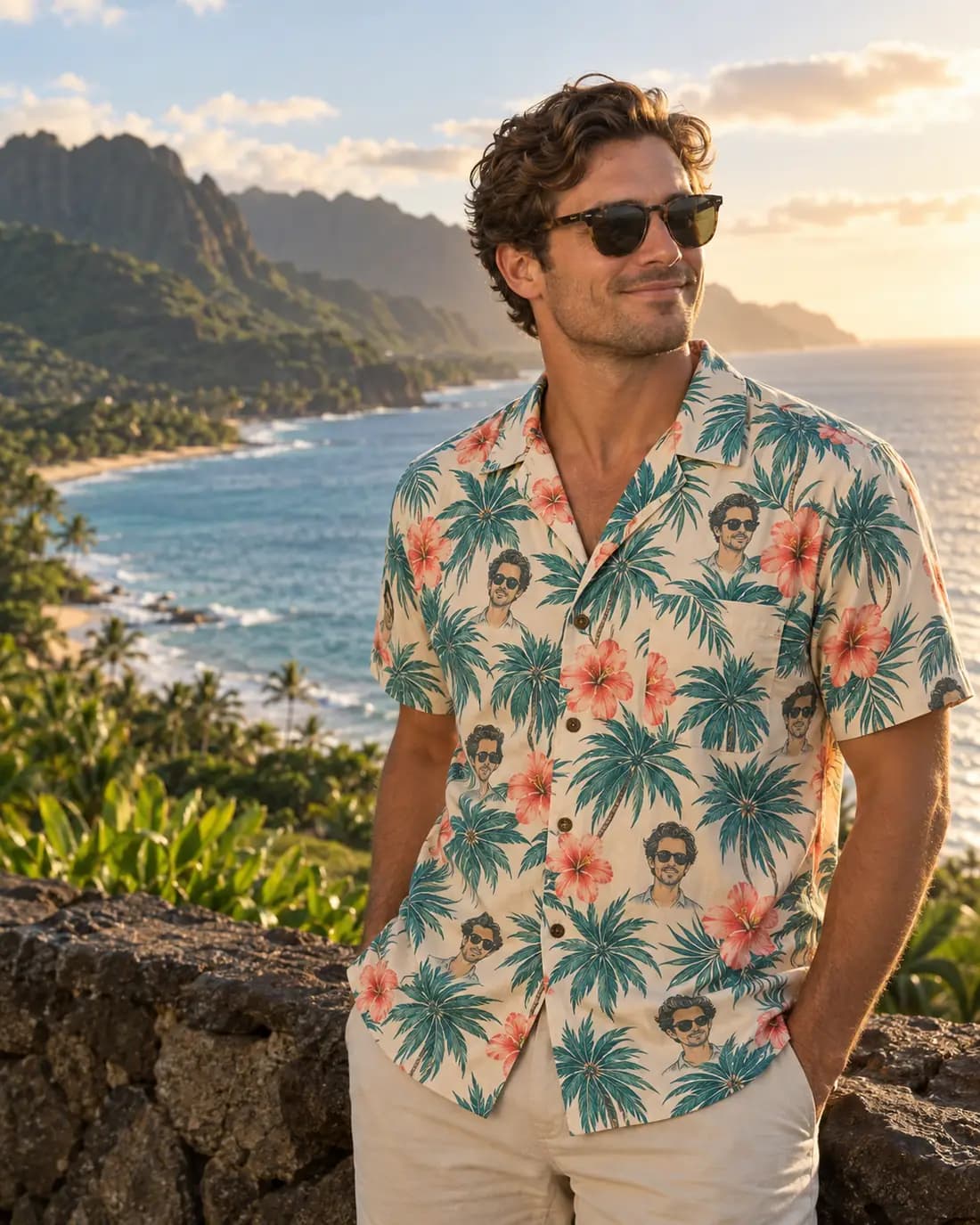 Fictional adult wearing a face print tropical shirt