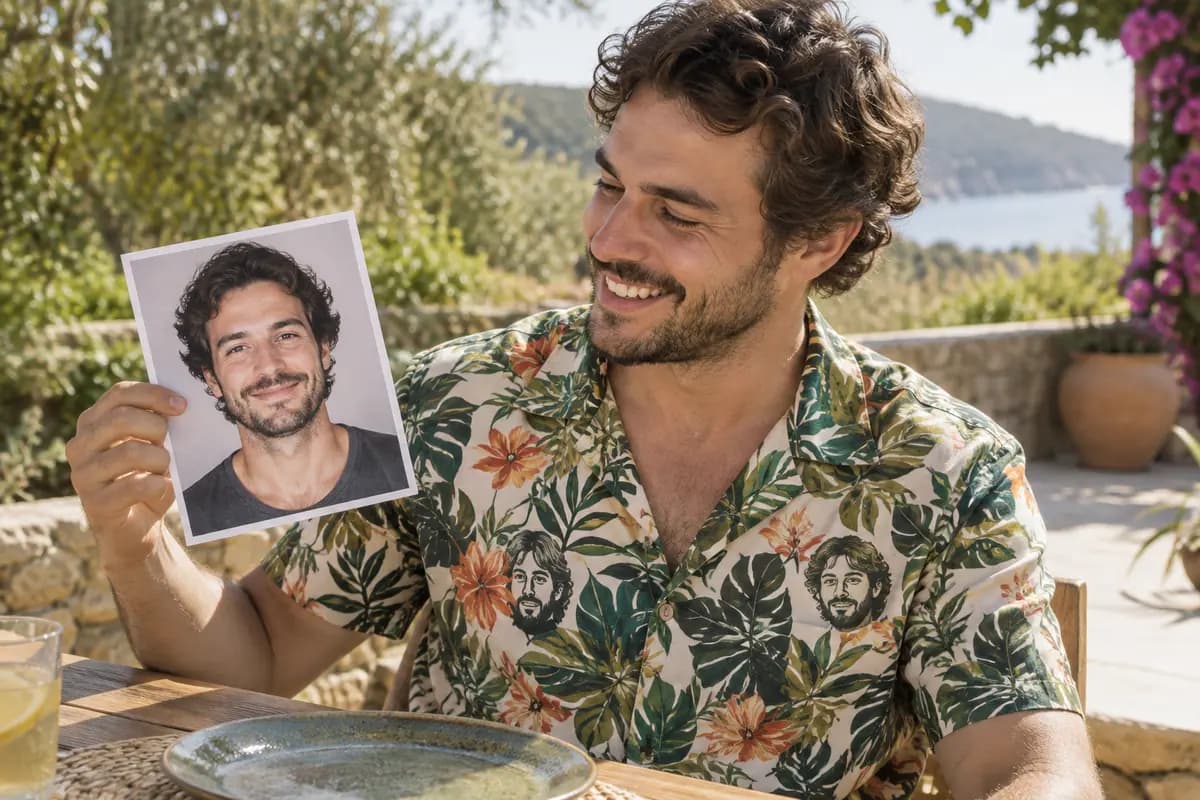 Adult holding a portrait beside a face print shirt