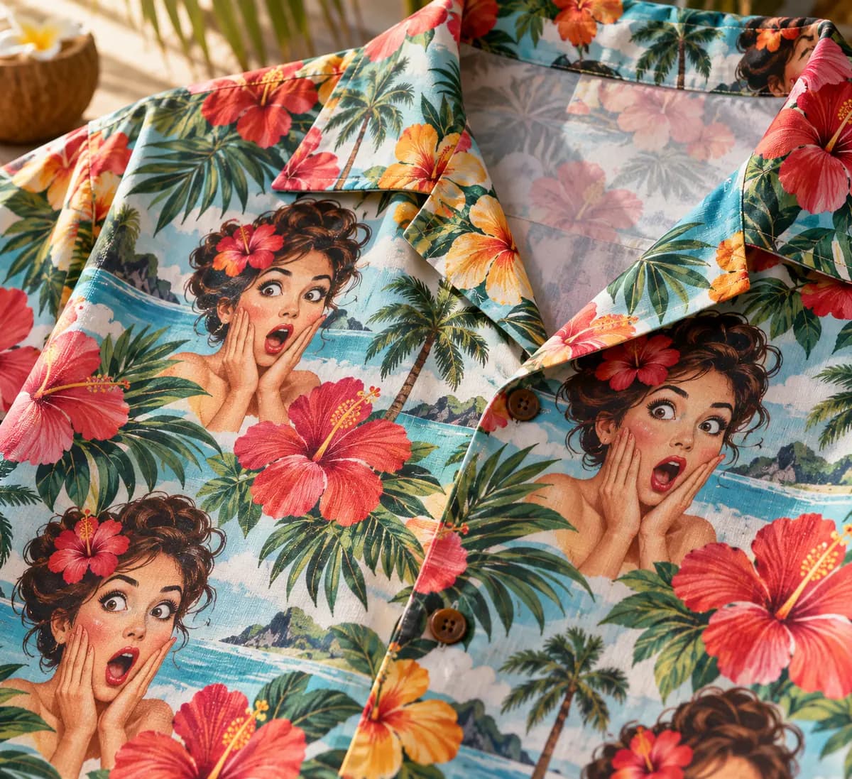 Close view of a comic face motif in tropical leaves