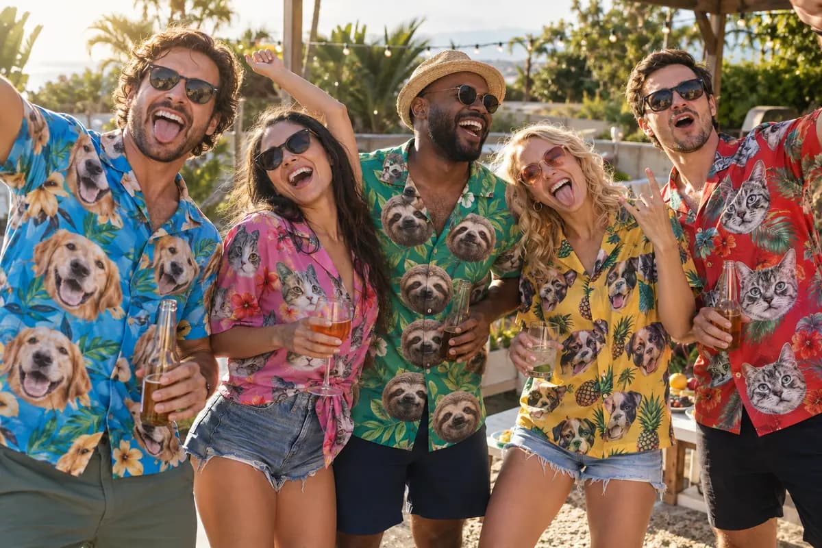 Adult friends at a party wearing tropical shirts