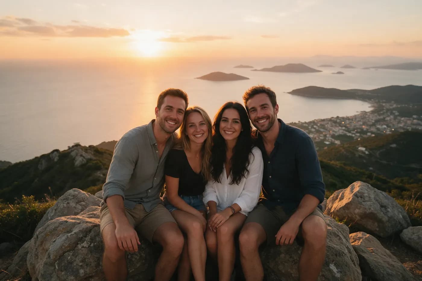 Four adult friends on a hilltop at sunset, each face small in the frame