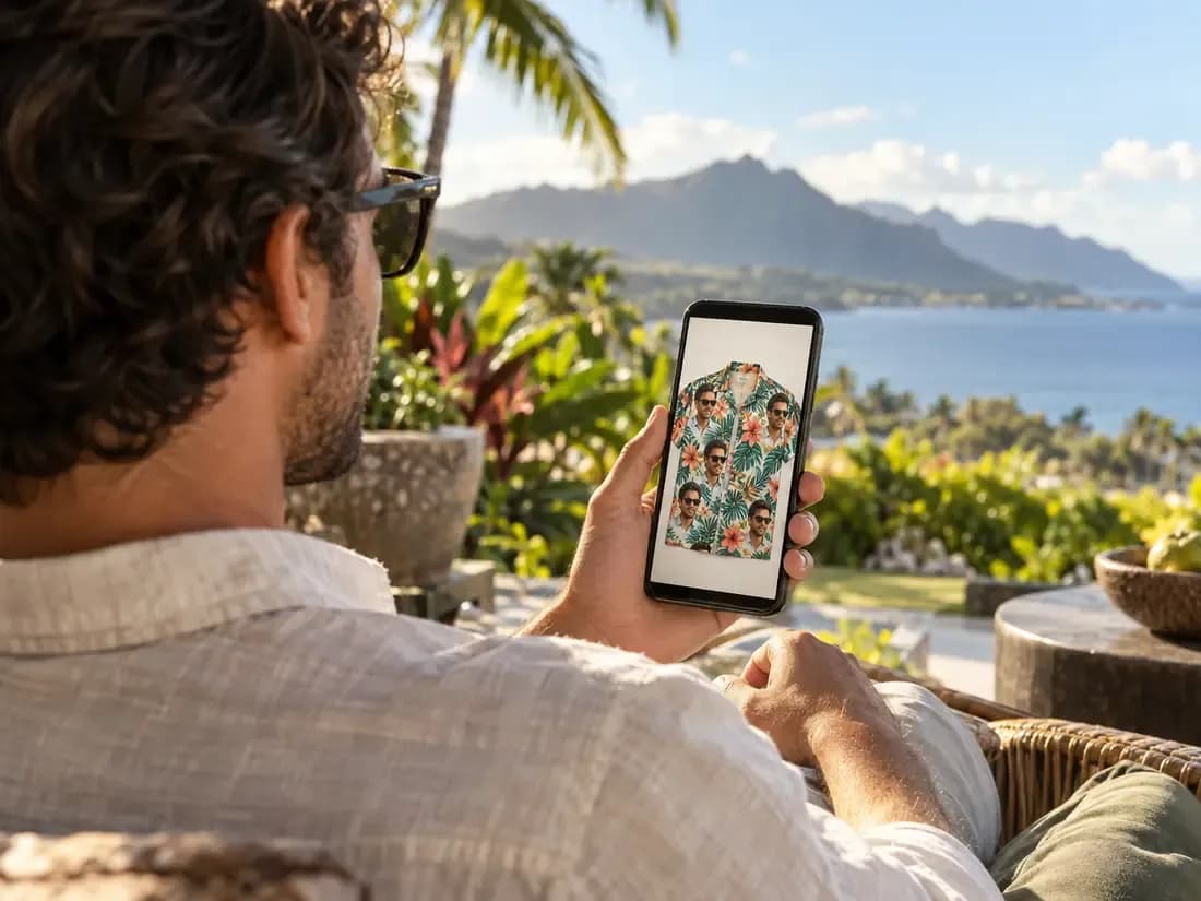 Fictional adult checking a shirt preview on a phone in a sunny tropical garden