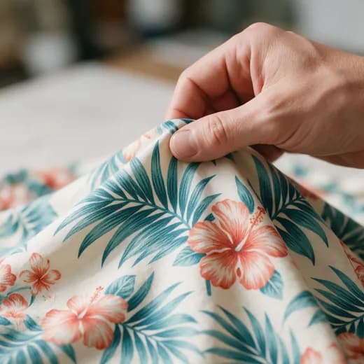 Hand checking the print on tropical shirt fabric