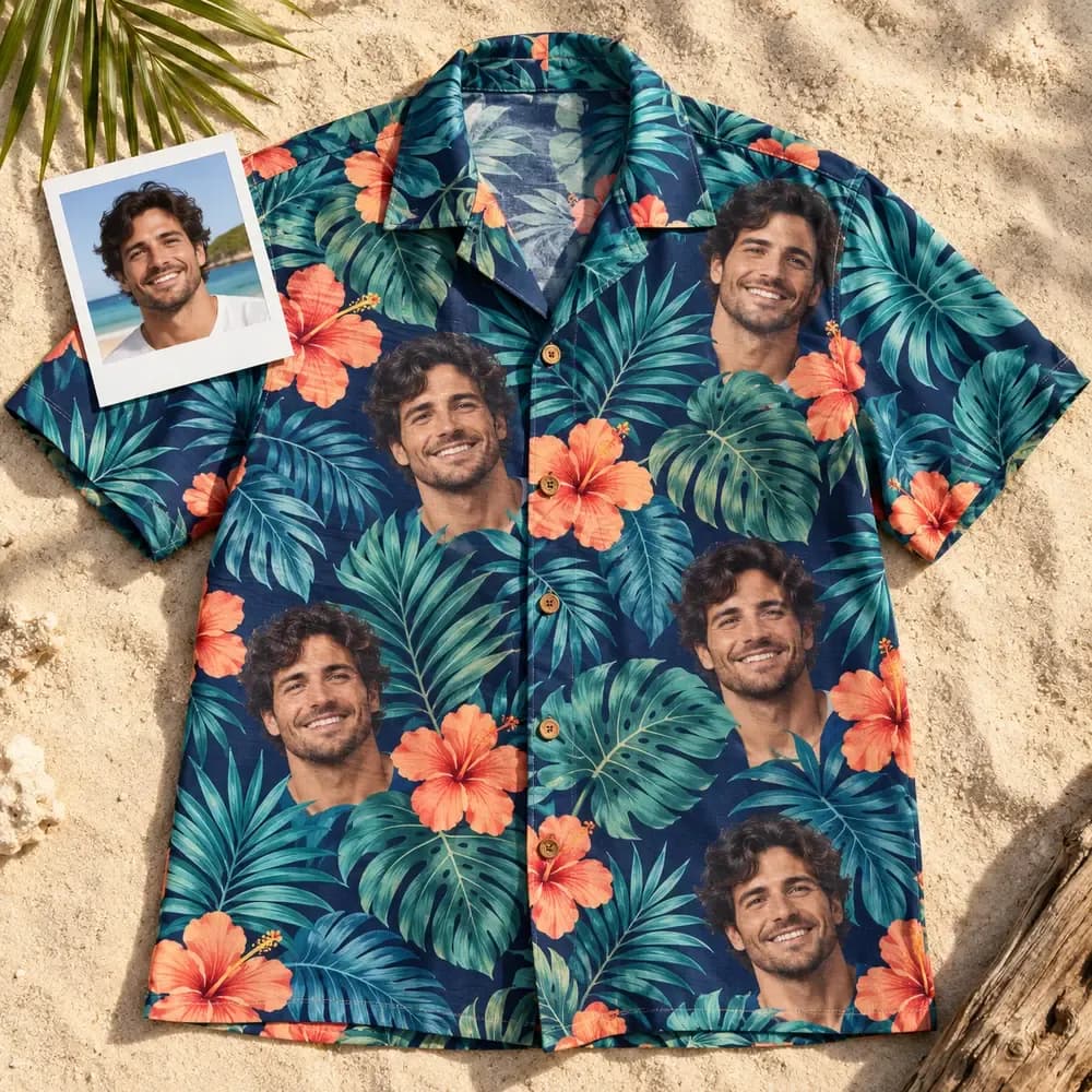 Illustrative face print Hawaiian shirt laid flat