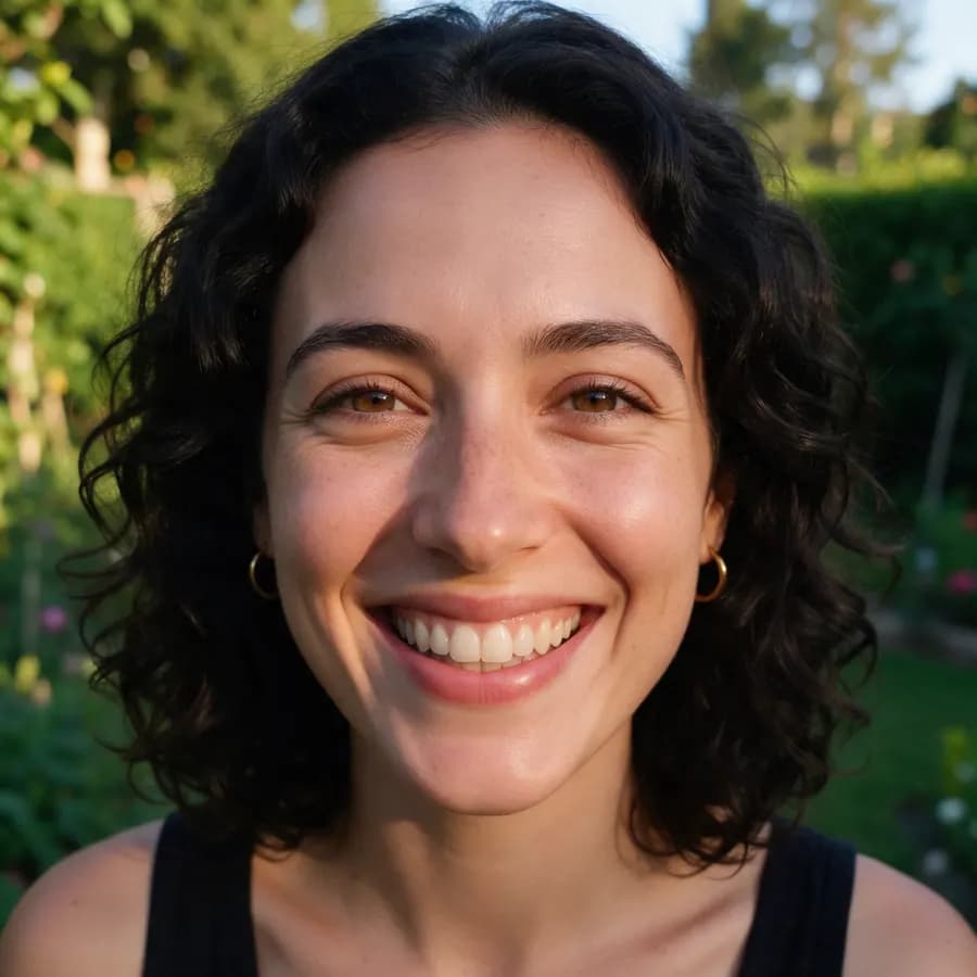 The same portrait in sharp focus, eyes and smile clear