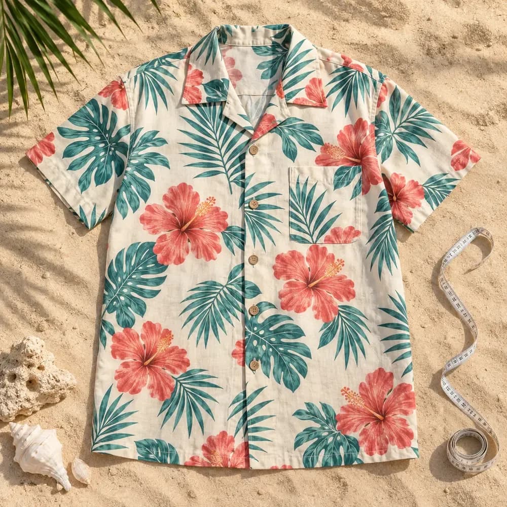 Illustrative Hawaiian shirt beside a measuring tape
