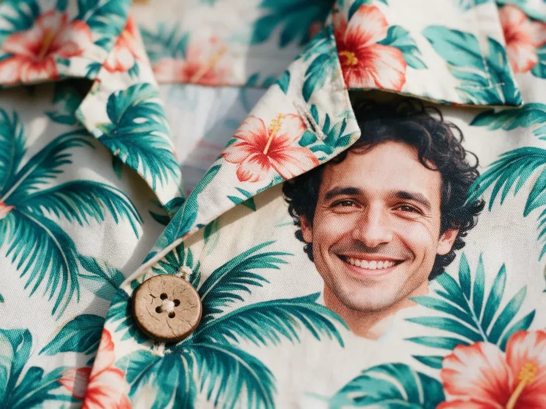 Fictional portrait among tropical leaves on printed fabric