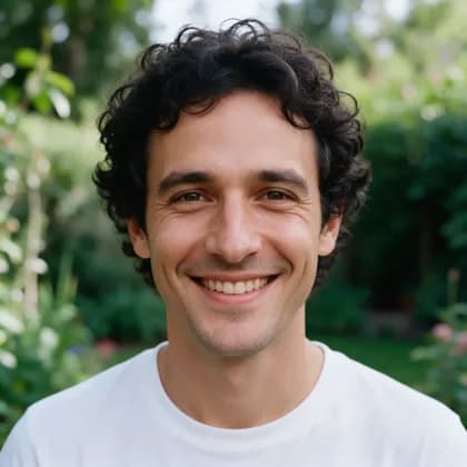 Portrait of a smiling fictional adult before placing it in a print