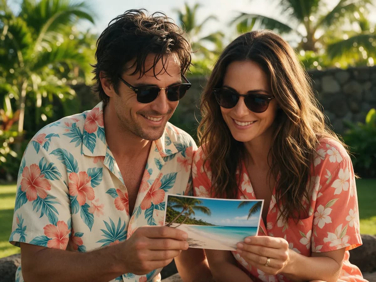 Two adults in tropical shirts looking at a printed beach photo in a sunny garden