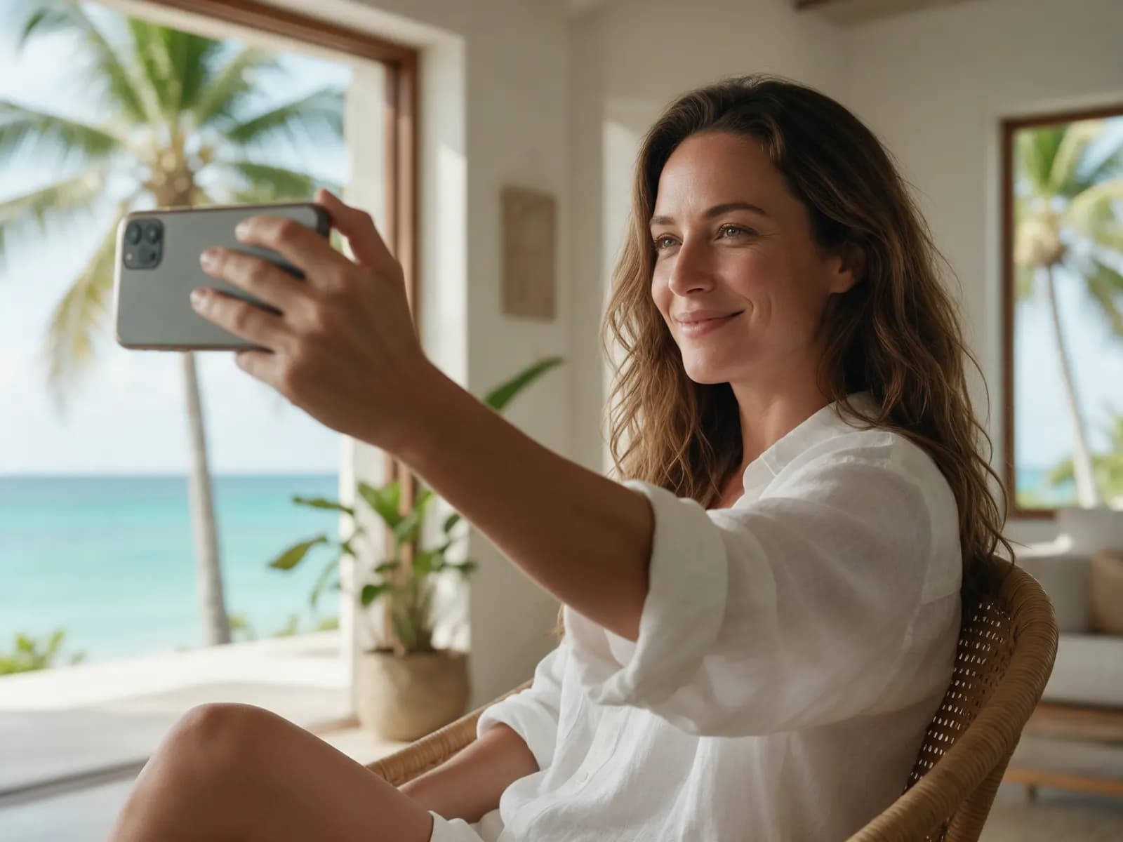 Adult taking a selfie by a sunny window with palm trees outside