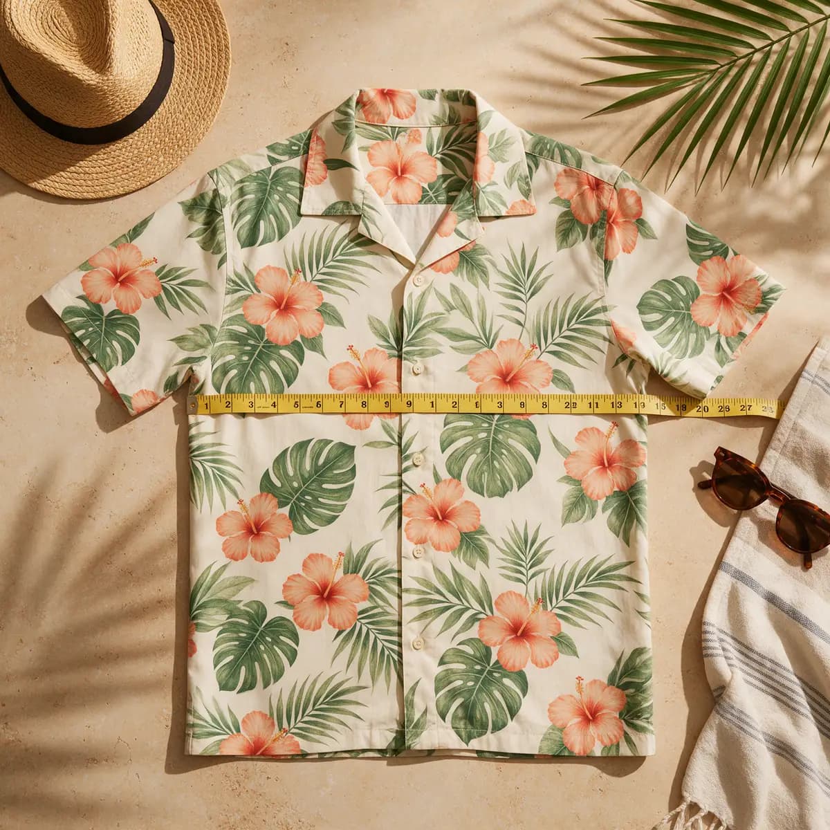 Tropical shirt laid flat on a table with a measuring tape across the chest