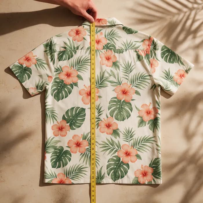 Measuring tape laid from the shoulder beside the collar down to the hem of the shirt