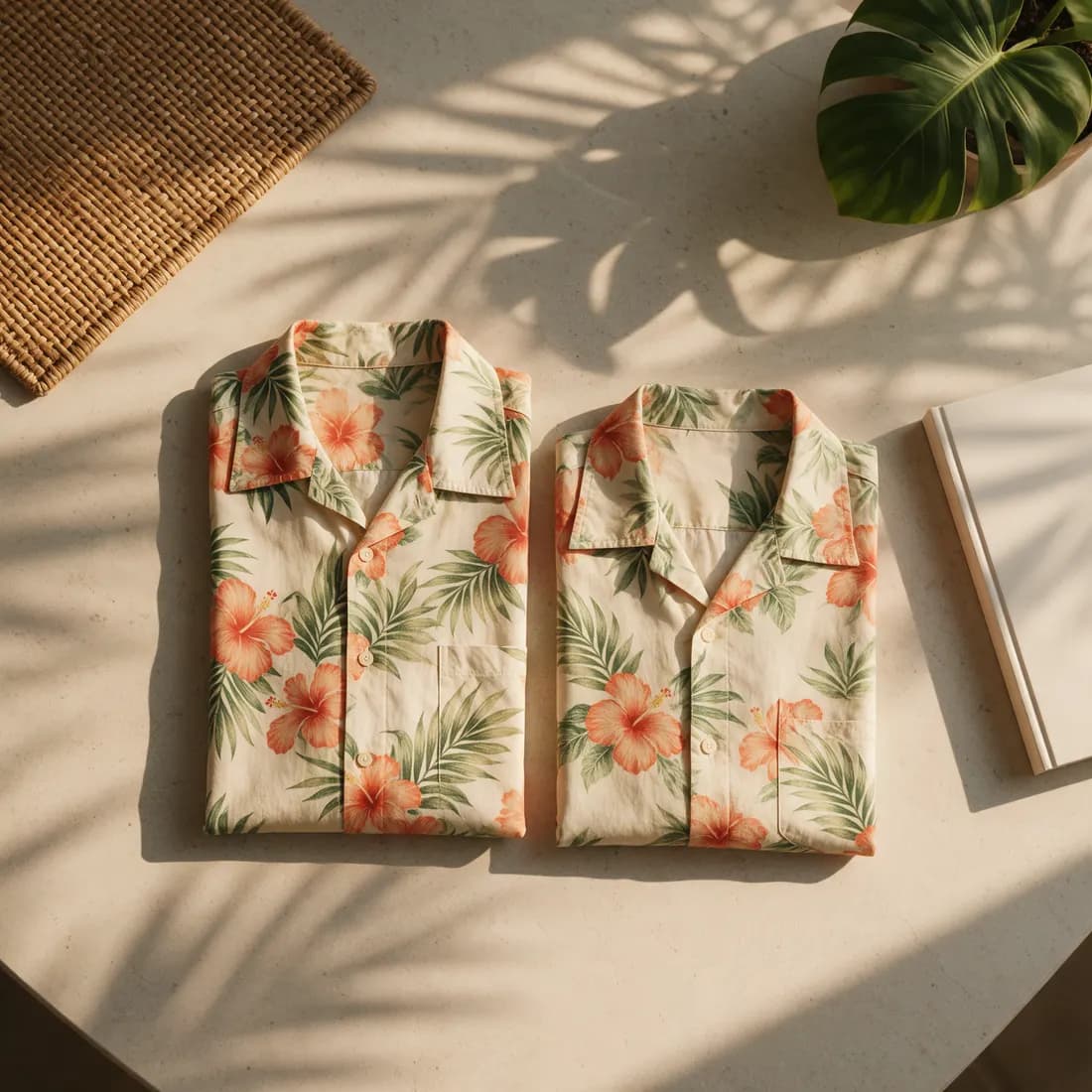 Two folded tropical shirts side by side on a table, one a size larger