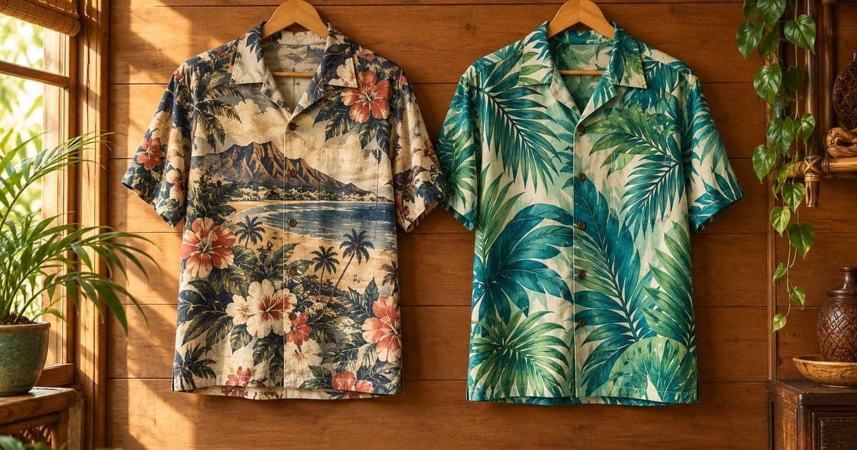 A muted floral and mountain-print aloha shirt hangs beside a bright palm-leaf Hawaiian shirt on wooden hangers in a warmly lit clothing shop.