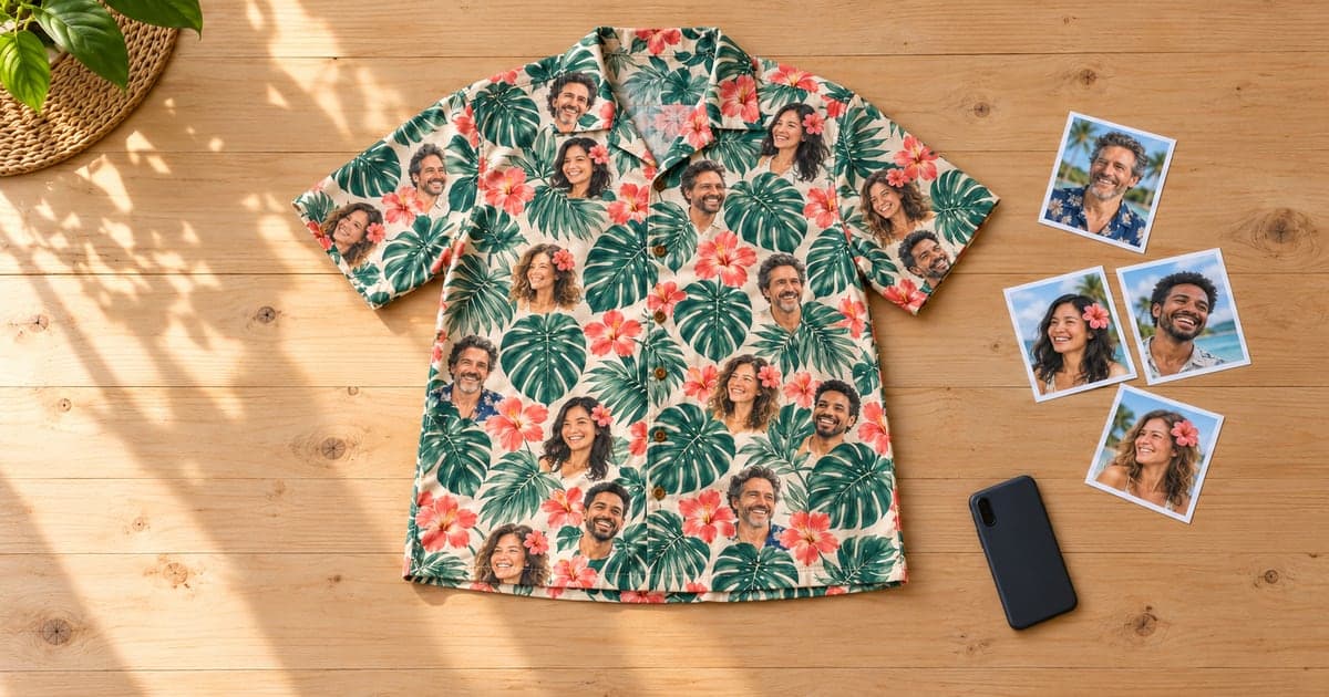 A Hawaiian shirt printed with several smiling adult faces, monstera leaves and hibiscus flowers lies on a wooden table beside portrait photos and a face-down phone.