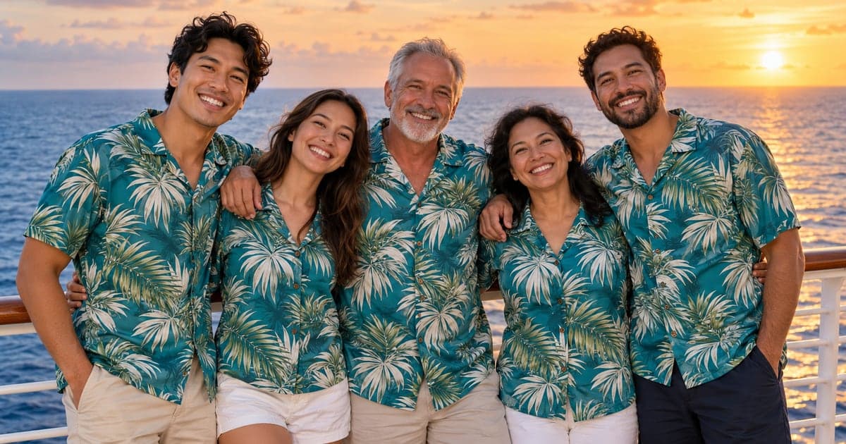 Five adult family members smile together beside a cruise deck railing at sunset in matching teal Hawaiian shirts with palm-leaf patterns.