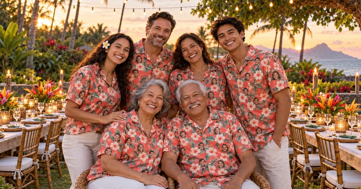 Three generations of adult family members pose together at an outdoor reunion in matching coral Hawaiian shirts printed with hibiscus flowers and small smiling faces.