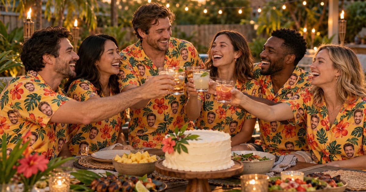 Six adult friends raise their glasses around a birthday cake at a backyard party in matching yellow Hawaiian shirts printed with tropical flowers and a smiling man's face.