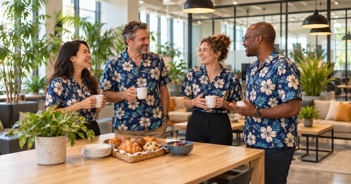 Four coworkers chat over coffee and pastries in a bright office while wearing matching navy Hawaiian shirts with cream hibiscus flowers and small geometric motifs.