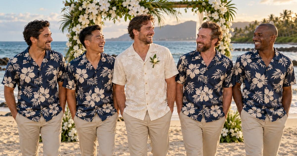 A groom in a cream floral Hawaiian shirt stands with four groomsmen in matching navy hibiscus shirts and light khaki trousers beneath a beach wedding arch.
