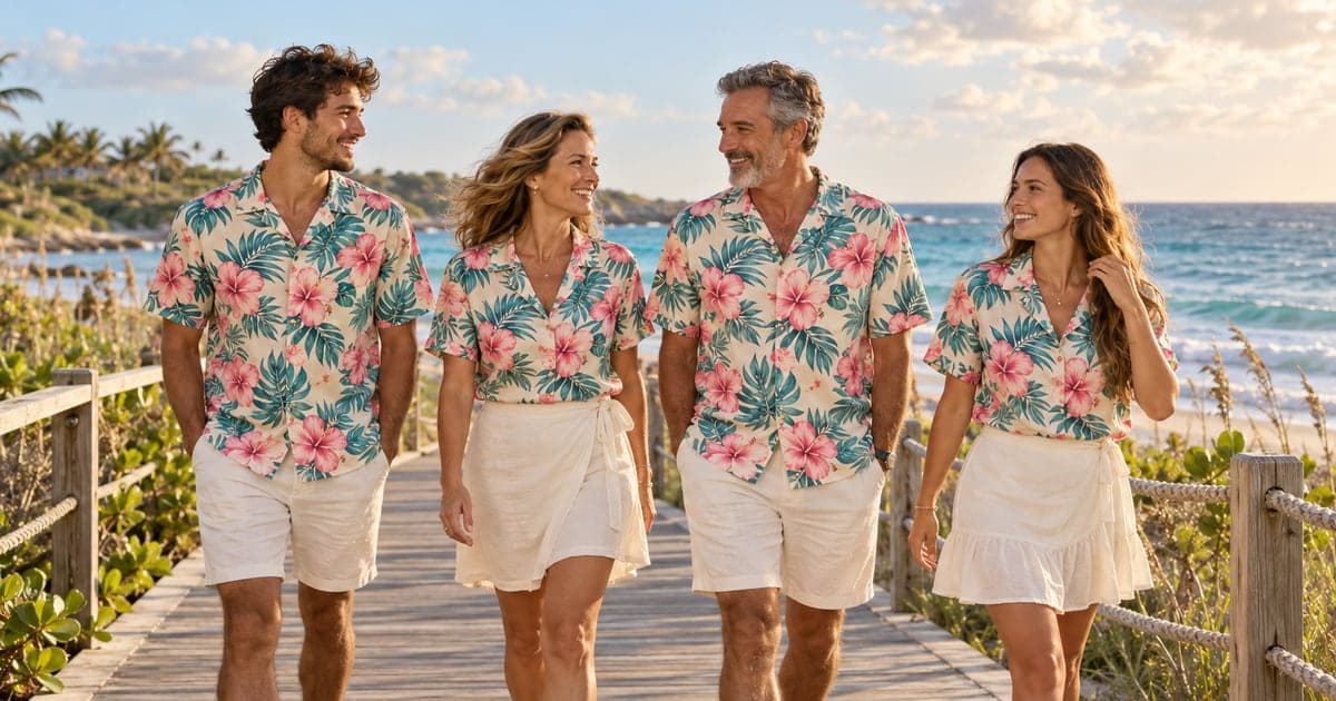 Four adult family members walk along a seaside boardwalk wearing matching pink hibiscus and teal leaf Hawaiian shirts with cream shorts and skirts.