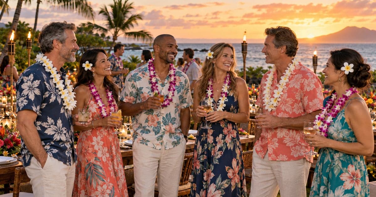 Adults wearing floral aloha shirts, light trousers, floral dresses and flower leis socialize beside a seaside luau table at sunset.